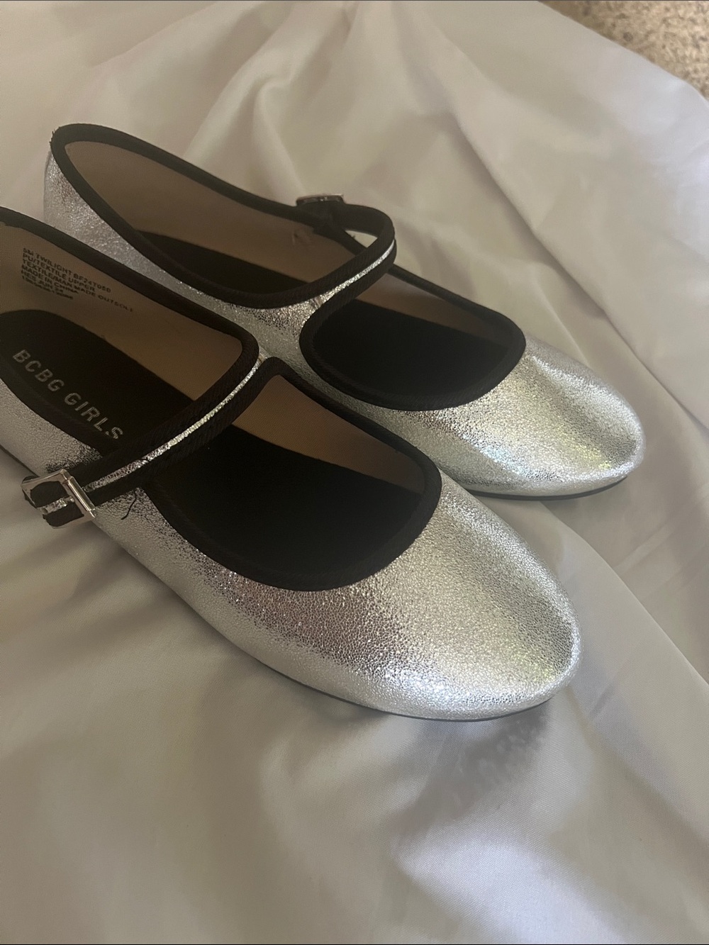 BCBG Metallic Silver Mary Jane Flats with Black Trim